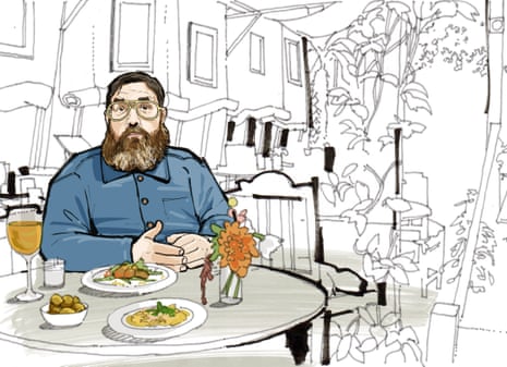 Illustration of Nick Frost sitting at a restaurant table
