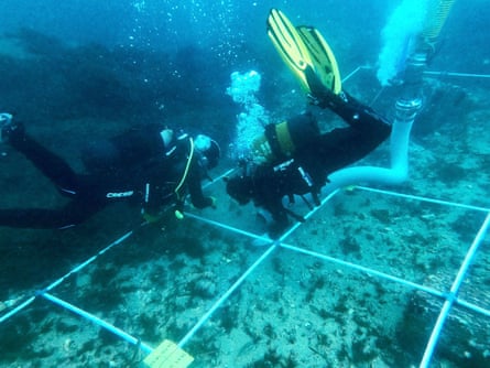 A pair of team members uses a suction hose to clean sediment from a wreck in the bay of Algeciras
