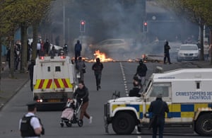 Loyalists clash with police on Lanark Way as they restart their protests against the Irish sea border and the Northern Ireland protocol in Belfast.