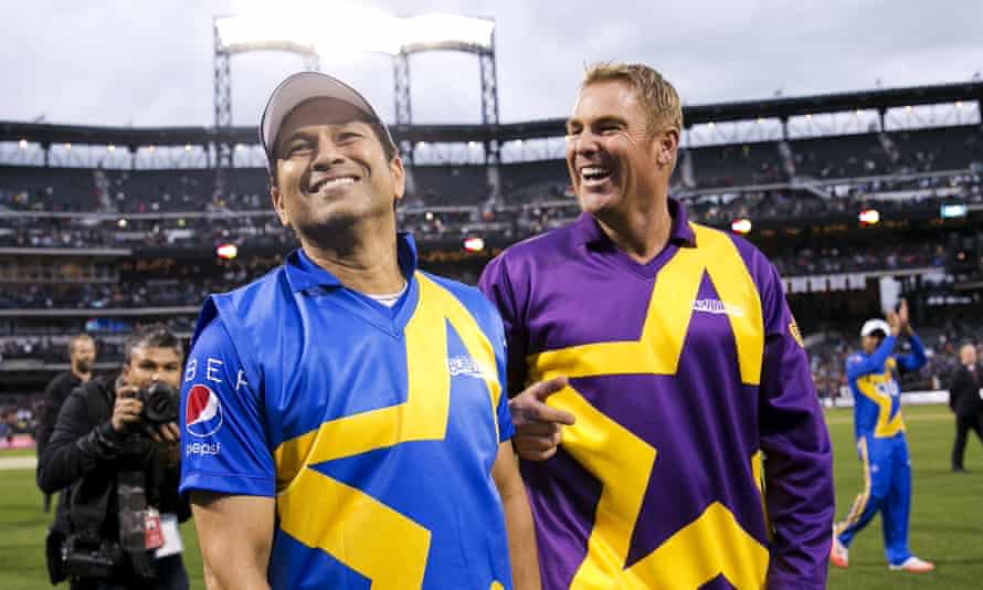 Sachin Tendulkar and Shane Warne after a 2015 Cricket All-Star exhibition match at Citi Field in New York