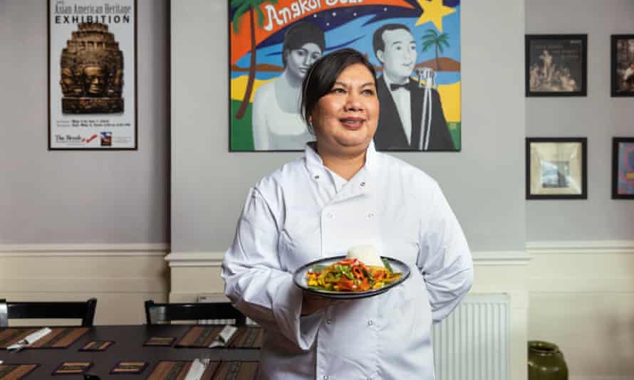 Y Sok, chef/owner of Kambuja Cambodian restaurant in Marple, Derbyshire, with her signature dish, cha kroeung chicken (spicy lemongrass stir-fry)