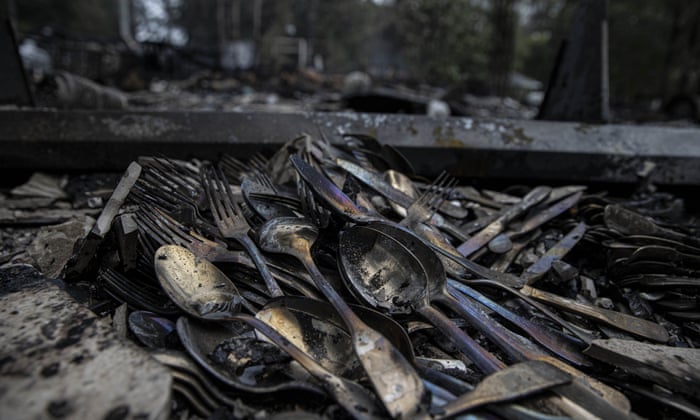 Charred cutlery in the remains of a destroyed restaurant in Kharkiv following Russia’s overnight airstrike on the city