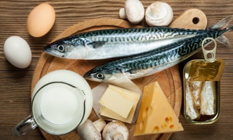 Foods rich in natural vitamin D as fish, eggs, cheese, milk, butter, mushrooms, canned sardines