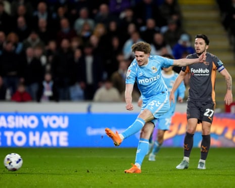 Coventry City’s Jack Rudoni fires home with a left footed shot to score his side’s second goal against Derby.