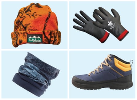 Clockwise from top left: Ridgeline fleece beanie, waterproof work gloves from Toolstation, waterproof Quechua boots and tubular buff, both from Decathlon