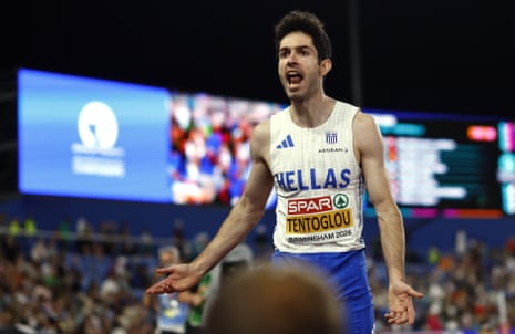 Miltiadis Tentoglou of Greece reacts in the men’s long jump final.