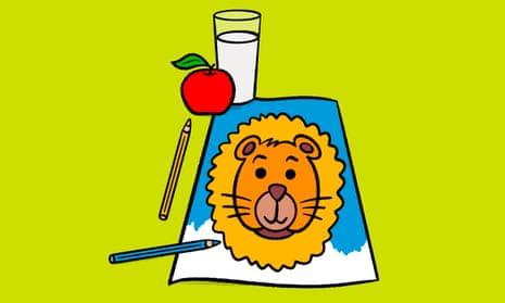 Illustration of an apple, a glass of milk, pencils and a half-coloured in picture of a lion