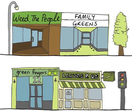 illustration: weed shops called ‘weed the people’, ‘family greens’, ‘green fingers’, ‘leaves r us’