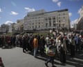 People line up to pay the last respects at the coffin of former Soviet President Mikhail Gorbachev outside the Pillar Hall of the House of the Unions during a farewell ceremony in Moscow, Russia, Saturday, Sept. 3, 2022. Gorbachev, who died Tuesday at the age of 91, will be buried at Moscow's Novodevichy cemetery next to his wife, Raisa, following a farewell ceremony at the Pillar Hall of the House of the Unions, an iconic mansion near the Kremlin that has served as the venue for state funerals since Soviet times. (AP Photo)