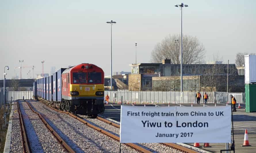 A freight train transporting goods from China arrives at DB Cargo’s London Eurohub in Barking