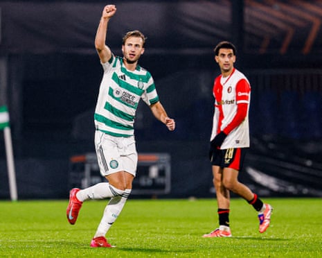 Benjamin Nygren celebrates scoring Celtic’s third goal.