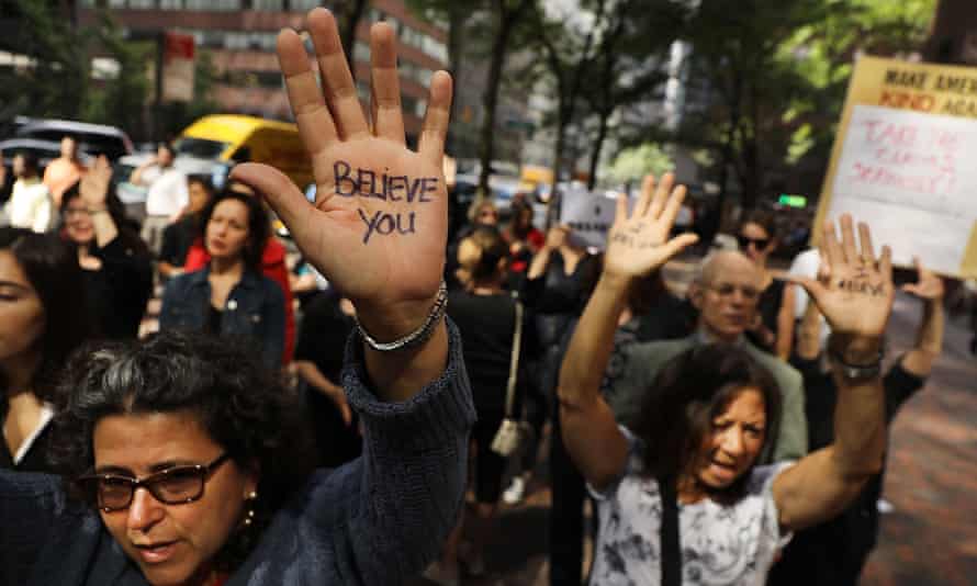 Dozens of protesters against the confirmation of Brett Kavanaugh gather in New York, New York on Thursday.