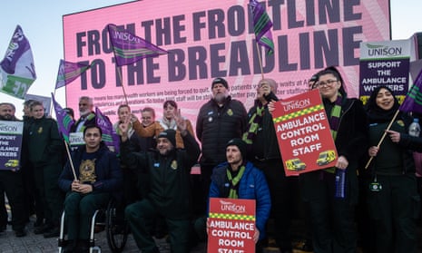 Workers at the main London ambulance call centre in Newham East London striking on Wednesday.