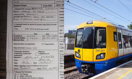 Robin Lee's arrest sheet and an Overground train of the type that he was arrested on.