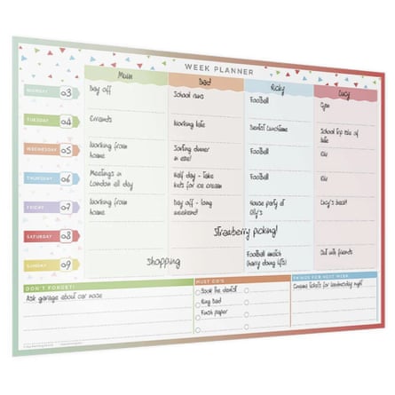 A colour-coded Butler and Hill family week planner with written in entries