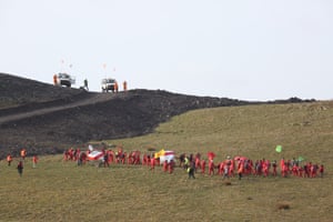 A red line emerges at Ffos-y-fran mine as protesters begin their demonstrations.