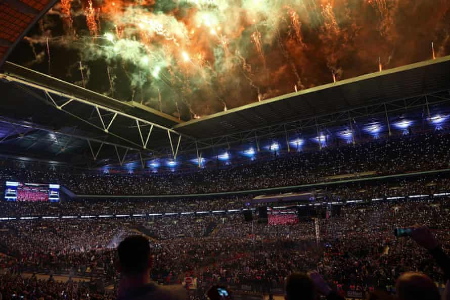 Fireworks explode during the ring walk of Tyson Fury.