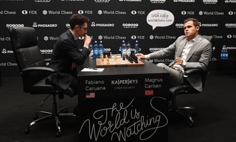 Fabiano Caruana and Magnus Carlsen at the World Chess Championship 2018 in London, November 2018