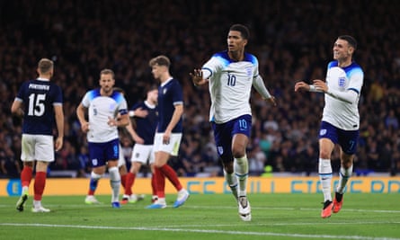 Jude Bellingham celebrates scoring for England.