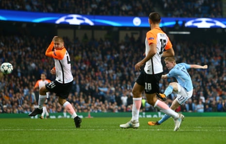 Kevin De Bruyne curls the ball into the top corner to open the scoring.