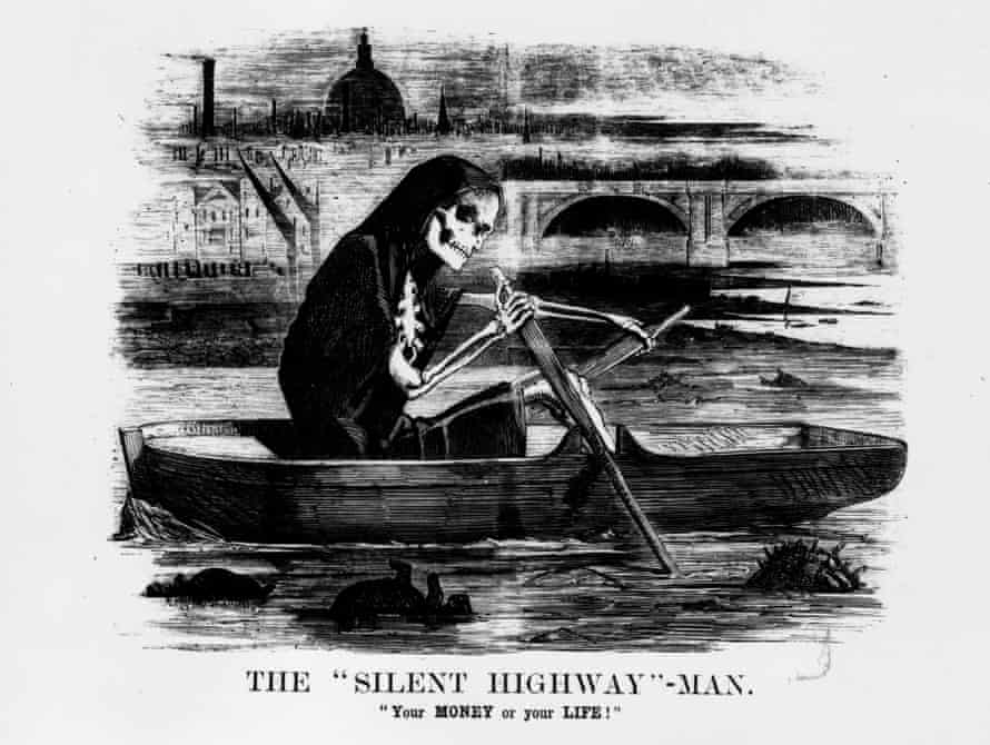 1858: A satirical cartoon from Punch magazine shows a skeleton rowing along the Thames.