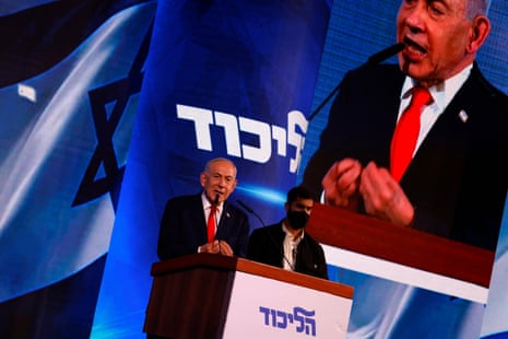 Benjamin Netanyahu addresses his supporters at the election night rally.
