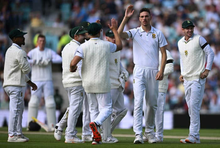 South Africa's Marco Jansen (second right) is congratulated by his team-mates after the dismissal of England's Alex Lees.