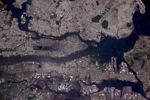 New York City, USA These little town blues ... Manhattan Island in the middle, north is left. The rectangular Central Park is very visible. Jersey City and Newark Bay to the bottom.