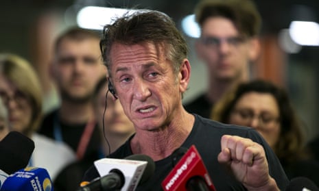 Sean Penn at a press conference in Rzeszow, Poland