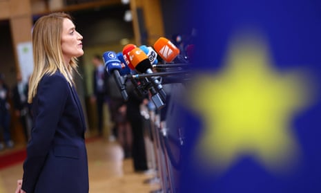 European Parliament President Roberta Metsola addresses the press as she arrives for a EU leaders Summit at The European Council Building in Brussels on October 26, 2023.