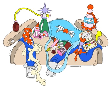 An illustration of a handbag on a seat bursting with various items including makeup and perfume.