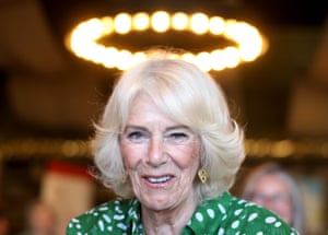 Queen Camilla photographed in front of a ring of ceiling lights that look like a halo