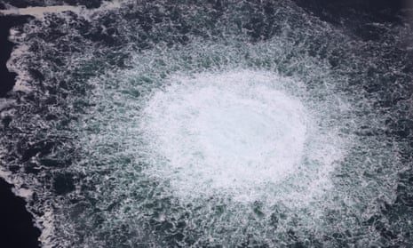 A photograph taken by a Swedish coastguard aircraft of gas emanating from a leak on the Nord Stream 1 pipeline.