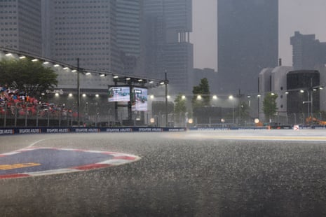 Rain pours down on to the Marina Bay Street Circuit.
