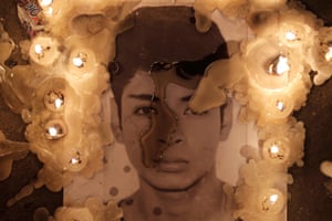 A memorial for a protester is displayed as part of a vigil after Merino’s resignation on November 15