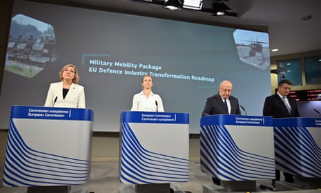 EU High Representative for Foreign Affairs and Security Policy Kaja Kallas (2nd L), European Commission members Henna Virkkunen (L), Andrius Kubilius (2nd R), and Apostolos Tzitzikostas (R) during a joint press conference on the "Military Mobility Package," in Brussels, Belgium.