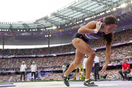 Great Britain’s Katarina Johnson-Thompson prepares to put the shot in the heptathlon.