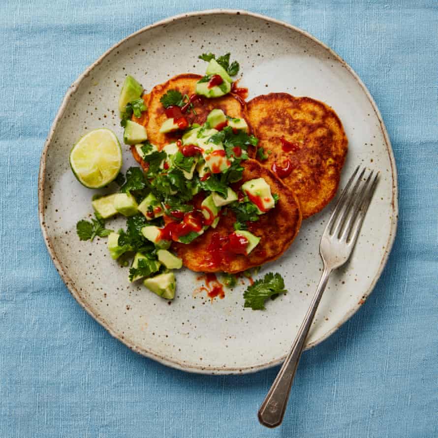 Yotam Ottolenghi’s red pepper, sweetcorn and sriracha pancakes.