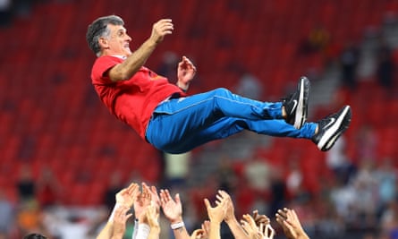 Jose Mendilibaris thrown in the air as they celebrate winning the Europa League.