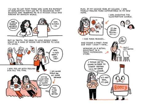 An illustration of a woman realising that she is more of an at-home person than someone who goes out and ending her relationship with ‘Boozy’.