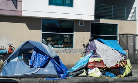 A homeless encampment lines a street in downtown Los Angeles, California.