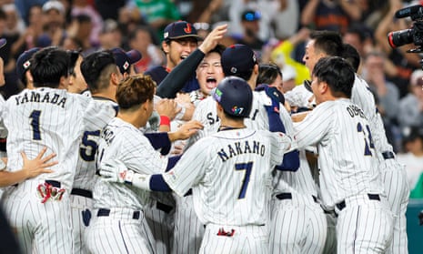 Japan celebrate their comeback victory over Mexico in the World Baseball Classic semi-final
