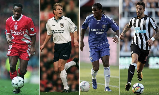 Liverpool's Mark Walters in March 1995, Jurgen Klinsmann of Tottenham Hotspur in January 1998, Didier Drogba of Chelsea in July 2007 and Newcastle United's Joselu in August 2017.