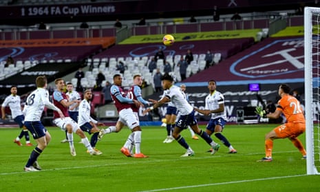 West Ham’s Jarrod Bowen (centre) puts his team back into the lead against Aston Villa early in the second half.
