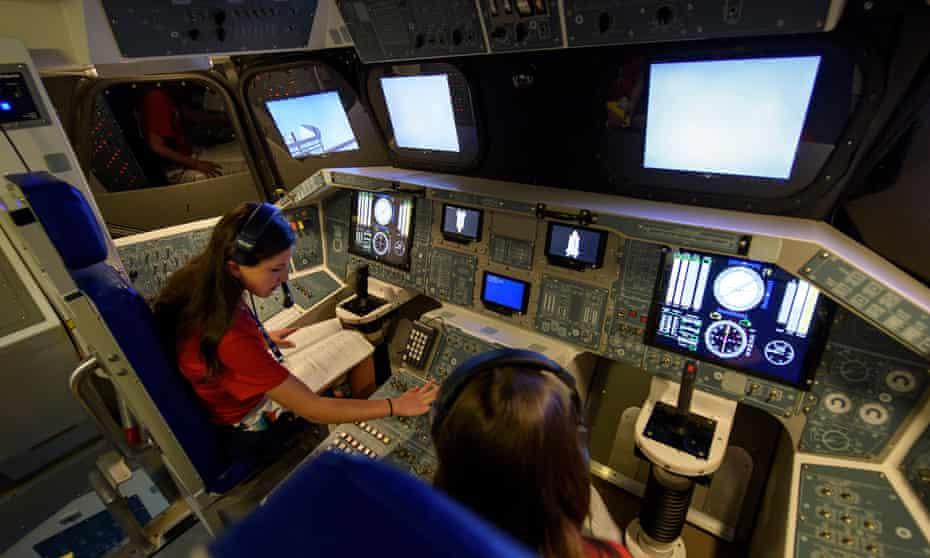 Sarah Sandor, 13, on a simulated space shuttle mission during Camp KSC at the US Astronaut Hall of Fame, Kennedy Space Center Visitor Complex, Florida.