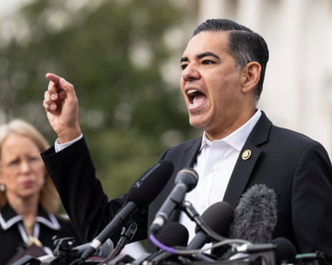 Robert Garcia speaks to members of the media outside the US Capitol, 18 November 2025.