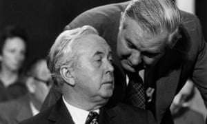 Harold Wilson with James Callaghan at the Labour party conference in Blackpool in 1975. 