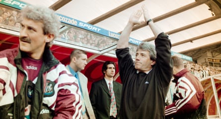 Kevin Keegan, alongside his assistant Terry McDermott, salute the St James’ Park crowd following Newcastle’s 1-1 draw with Tottenham on the final day of the 1995-96 season. Ultimately it was not meant to be.