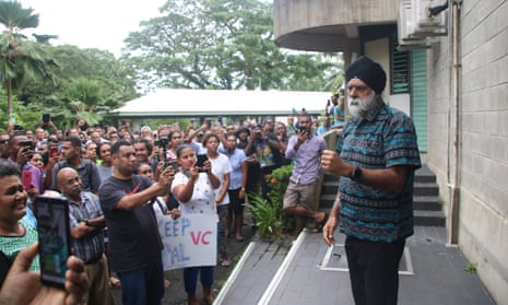 The University of the South Pacific vice-chancellor Professor Pal Ahluwalia addresses students celebrating his reinstatement. Ahluwalia wrote a report alleging widespread financial mismanagement at the university.