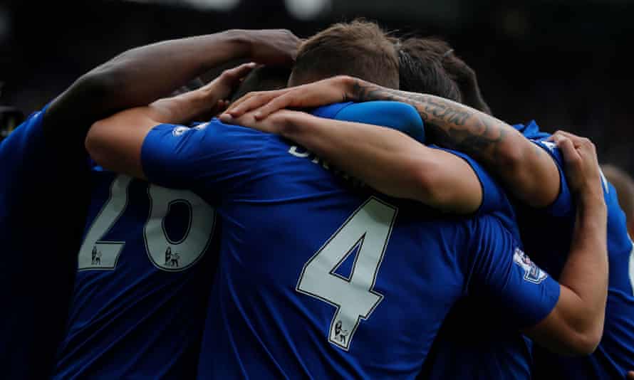 Leicester City players celebrate after scoring the first goal in a 4-0 win against Swansea City last weekend